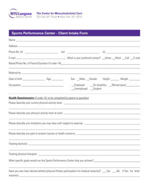 Sports Performance Center Client Intake Form