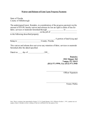 Waiver and Release of Lien Upon Progress Payment