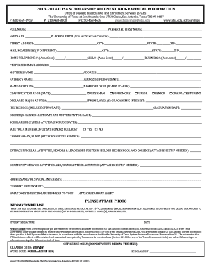 UTSA Scholarship Recipient Biographical Information Form