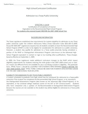Texas Public University Admission Certification Form