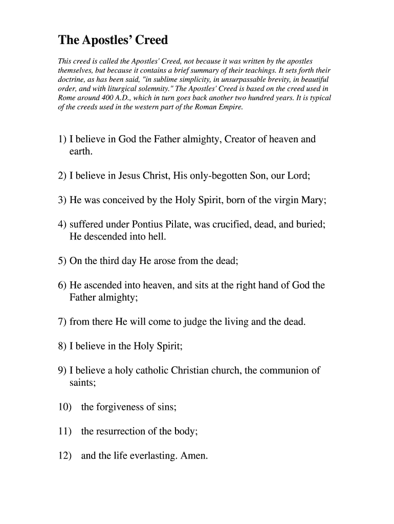 Fillable Online This creed is called the Apostles' Creed, not because