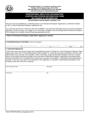 Texas Professional Employer Organization Controlling Person Information Form