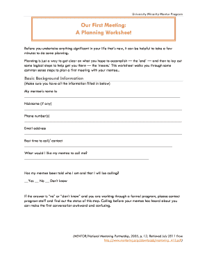University Minority Mentor Program First Meeting Worksheet