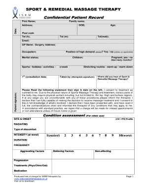 Confidential Patient Record for Sports Massage Therapy