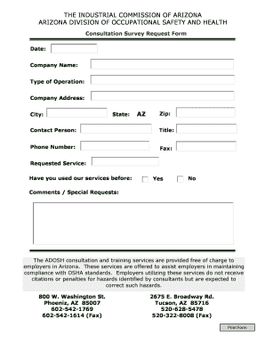 Arizona OSHA Consultation Survey Request Form