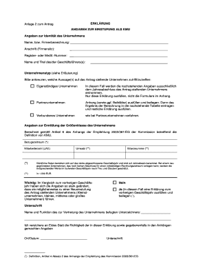 Anlage 2 zum Antrag ERKLÄRUNG ANGABEN ZUR EINSTUFUNG ALS KMU