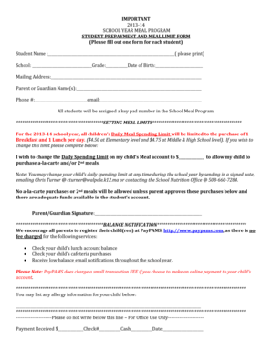School Meal Program Prepayment and Meal Limit Form