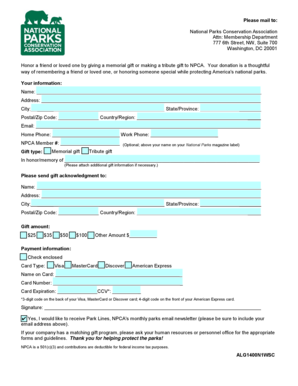 National Parks Conservation Association Memorial Gift Form