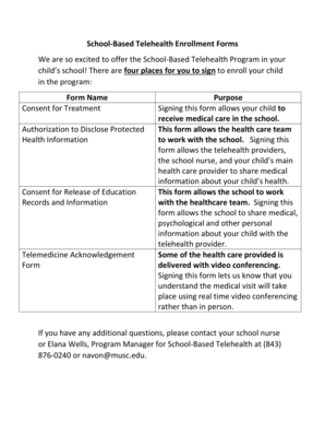 School-Based Telehealth Enrollment Forms