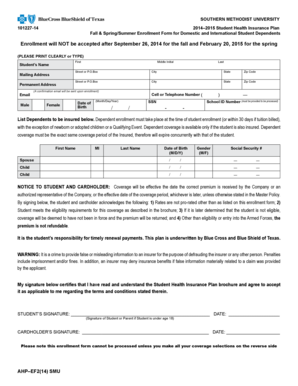 SMU Student Health Insurance Enrollment Form