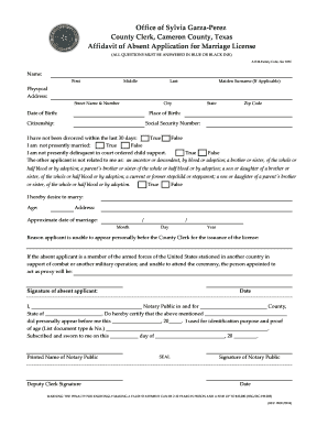 Texas Affidavit of Absent Application for Marriage License