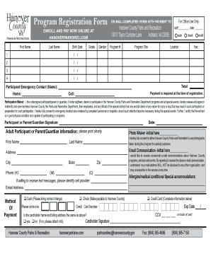 Hanover County Parks and Recreation Program Registration Form