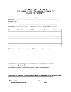 US Department of Labor Employee Claim for Loss or Damage to Personal Property