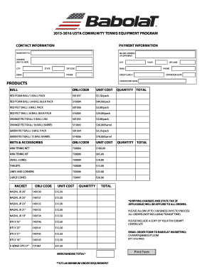 USTA Community Tennis Equipment Order Form