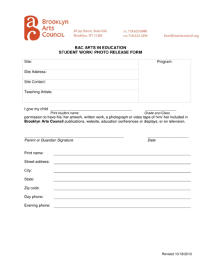 Student Work Photo Release Form