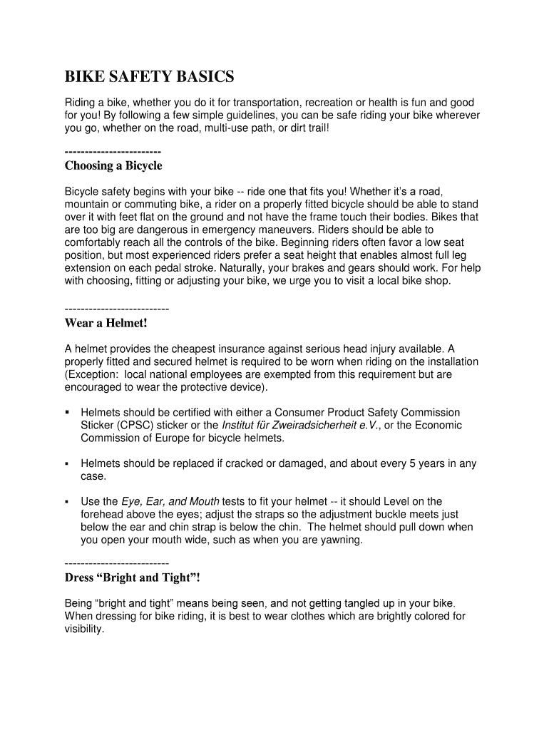 Fillable Online BIKE SAFETY BASICS Fax Email Print pdfFiller