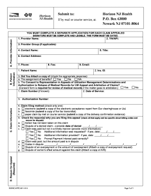 Horizon NJ Health Claim Appeal Form
