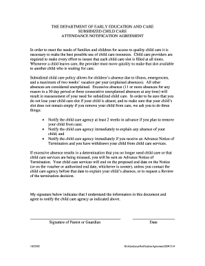 Subsidized Child Care Attendance Notification Agreement