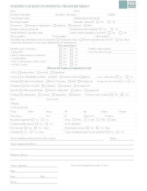 Nursing Facility to Hospital Transfer Sheet