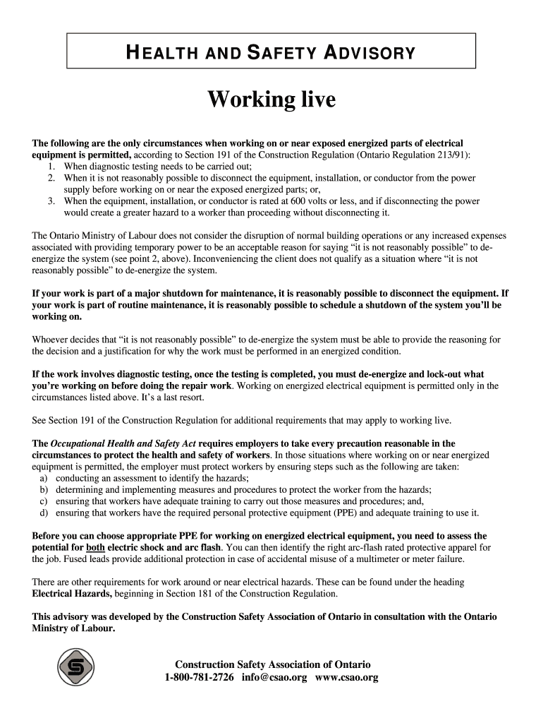 Fillable Online HEALTH AND SAFETY ADVISORY Fax Email Print pdfFiller