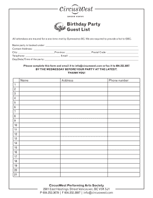 CircusWest Birthday Party Guest List Form