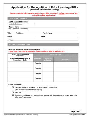 Application for Recognition of Prior Learning (RPL)