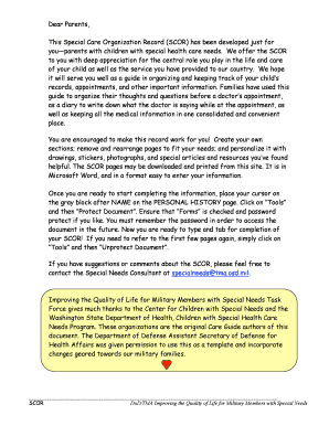 Special Care Organization Record for Military Families