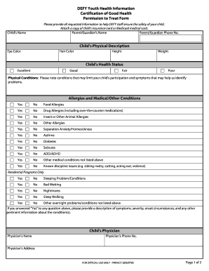 DEFY Youth Health Information Permission to Treat Form