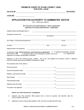 Ohio Application for Authority to Administer Estate