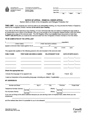 Notice of Appeal - Removal Order Appeal