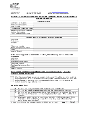 Parental Permission and Medical Consent Form for Students Under 16