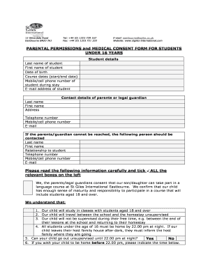 Parental Permission and Medical Consent Form for Students Under 16