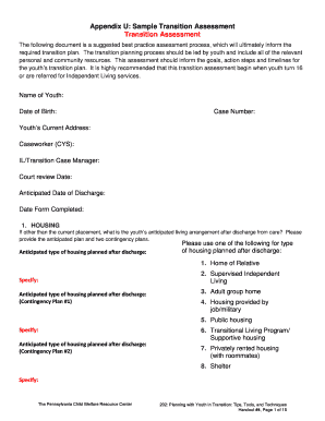 Transition Assessment Form for Youth in Care