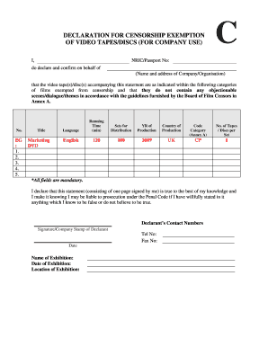 Declaration for Censorship Exemption of Video Tapes/Discs