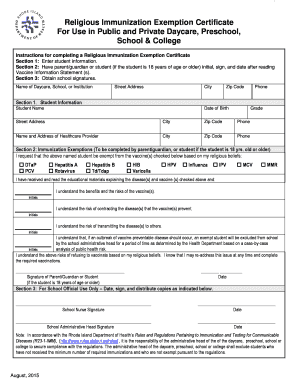 Religious Immunization Exemption Certificate