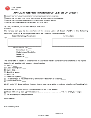 Application for Transfer of Letter of Credit