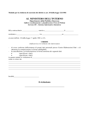 Modulo per la richiesta di esercizio dei diritti ex art. 10 della legge 121/1981