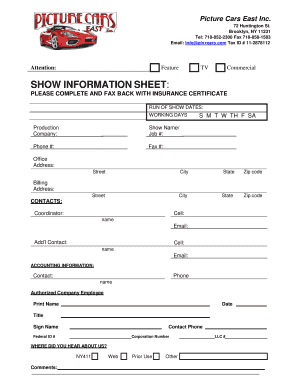 TV Commercial Production Show Information Sheet