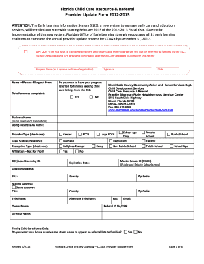 Florida Child Care Provider Update Form