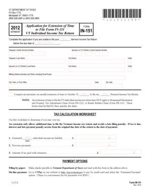 Vermont Individual Income Tax Return Extension Form