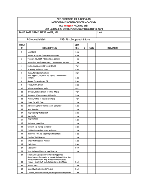 Army support form - fort drum winter packing list