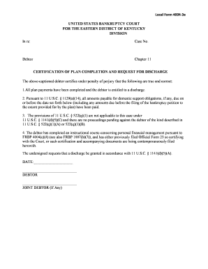 Certification of Plan Completion and Request for Discharge