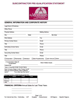 Subcontractor Pre-Qualification Statement