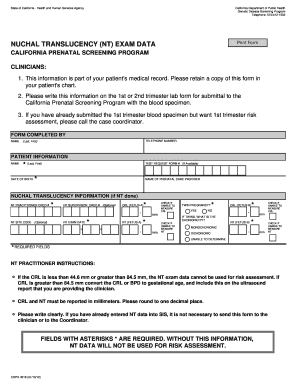 California Nuchal Translucency Exam Data Form