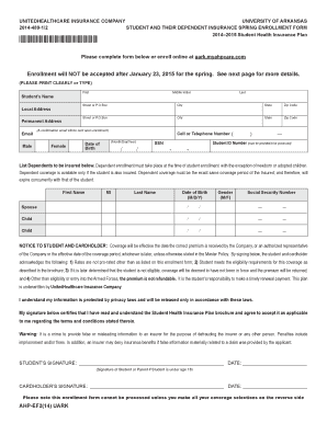 University of Arkansas Student and Dependent Insurance Spring Enrollment Form