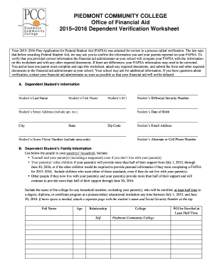 2015–2016 Dependent Verification Worksheet