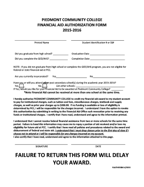 Piedmont Community College Financial Aid Authorization Form