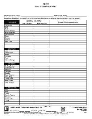 North Carolina Move-In Inspection Form