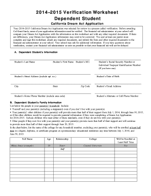 2014–2015 Verification Worksheet for California Dream Act Application