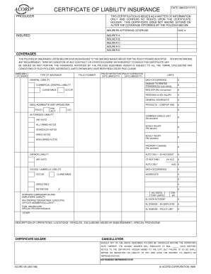 Certificate of Liability Insurance